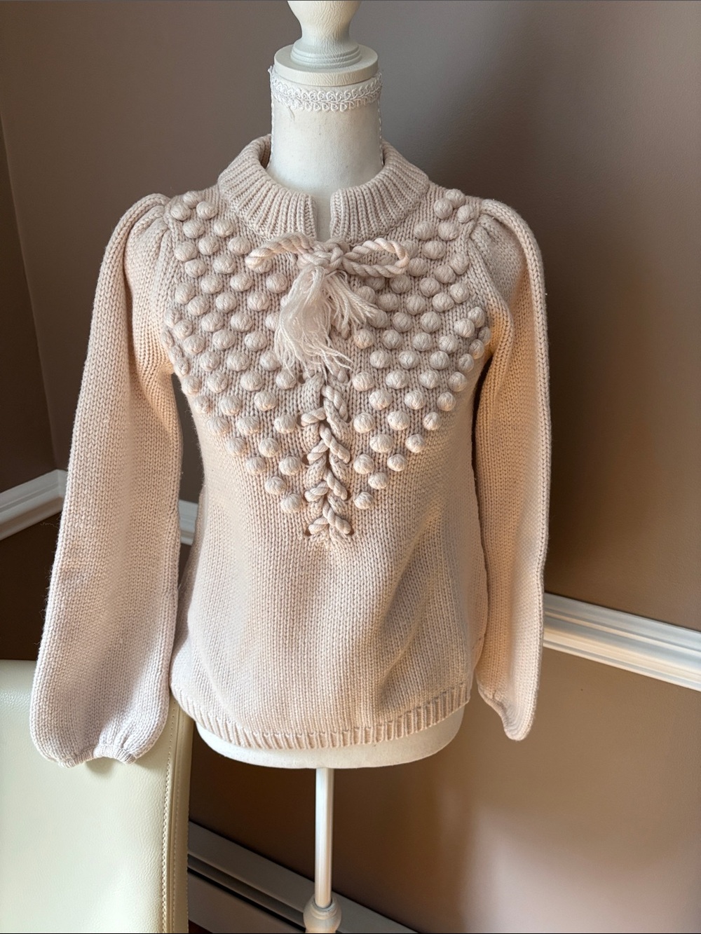 Moda International Cream Bobble Tie-Neck Sweater